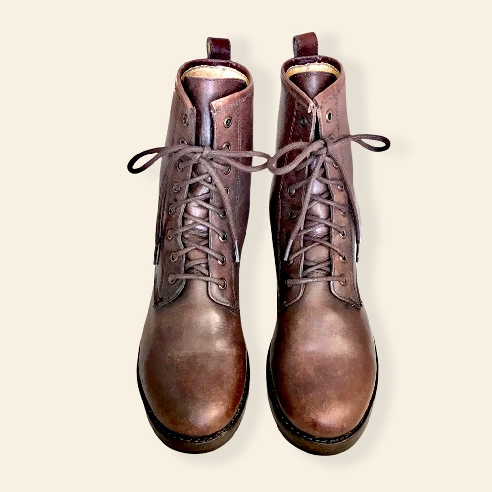 Frye Veronica Combat Brown Genuine Leather Lace Up Moto Combat Retro Ankle Boots - Picture 6 of 15